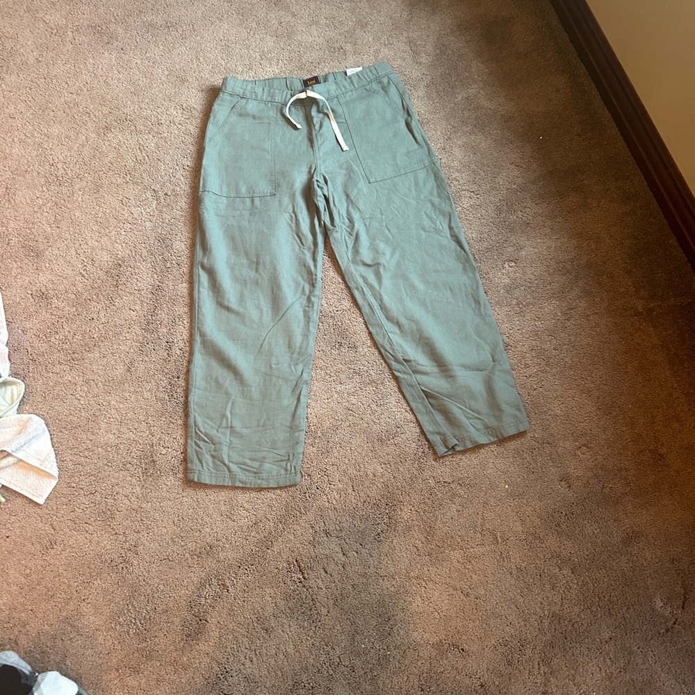 Casual Green Drawstring Linen Pants
